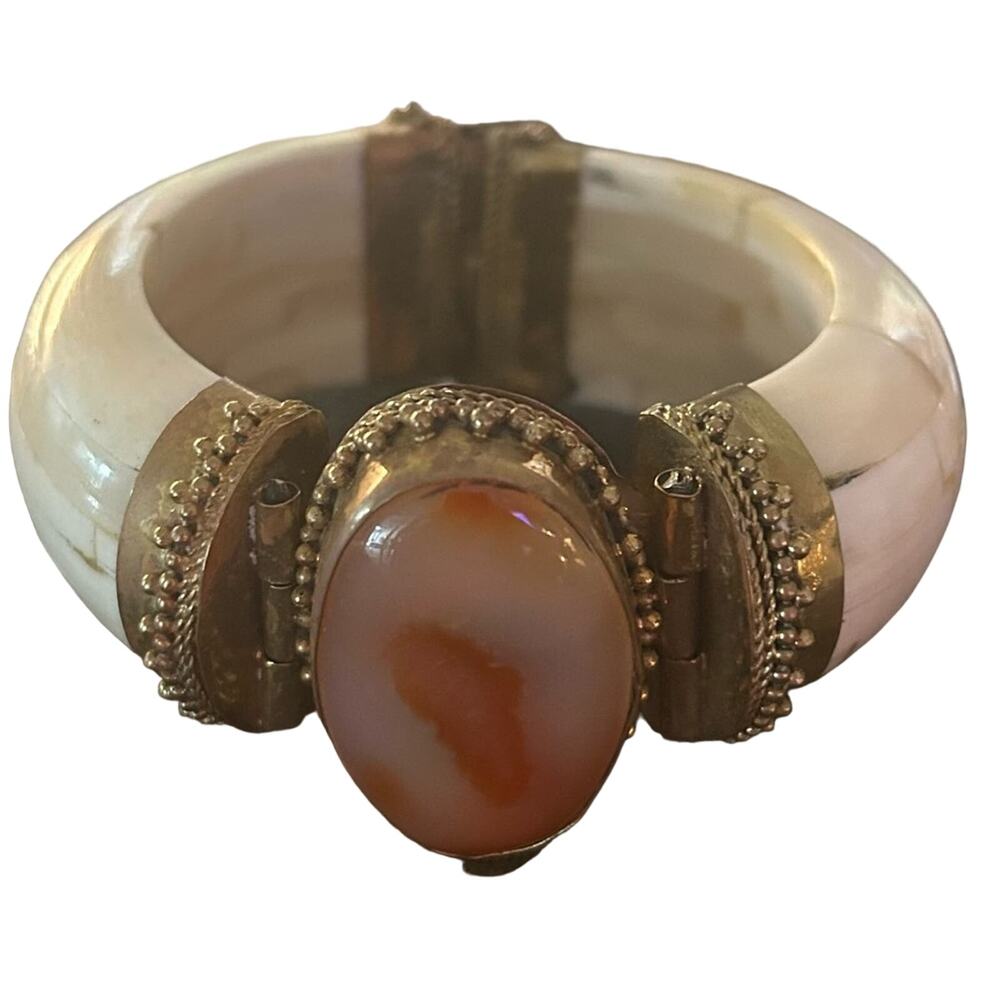 Agate bone bangle with brass closure Indian Bohemian Hippie chic